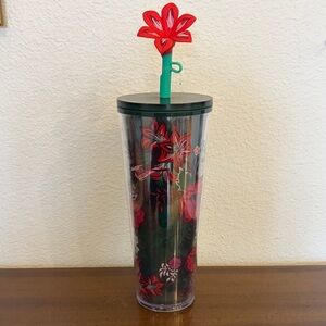 Starbucks Holiday Enchanted Forest Venti Tumbler with Red Flower Straw Top NWT